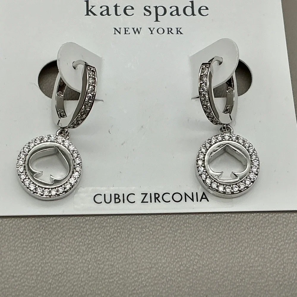 Kate Spade New York Earrings Women Silver Tone Cubic Zirconia Spade Logo Huggie